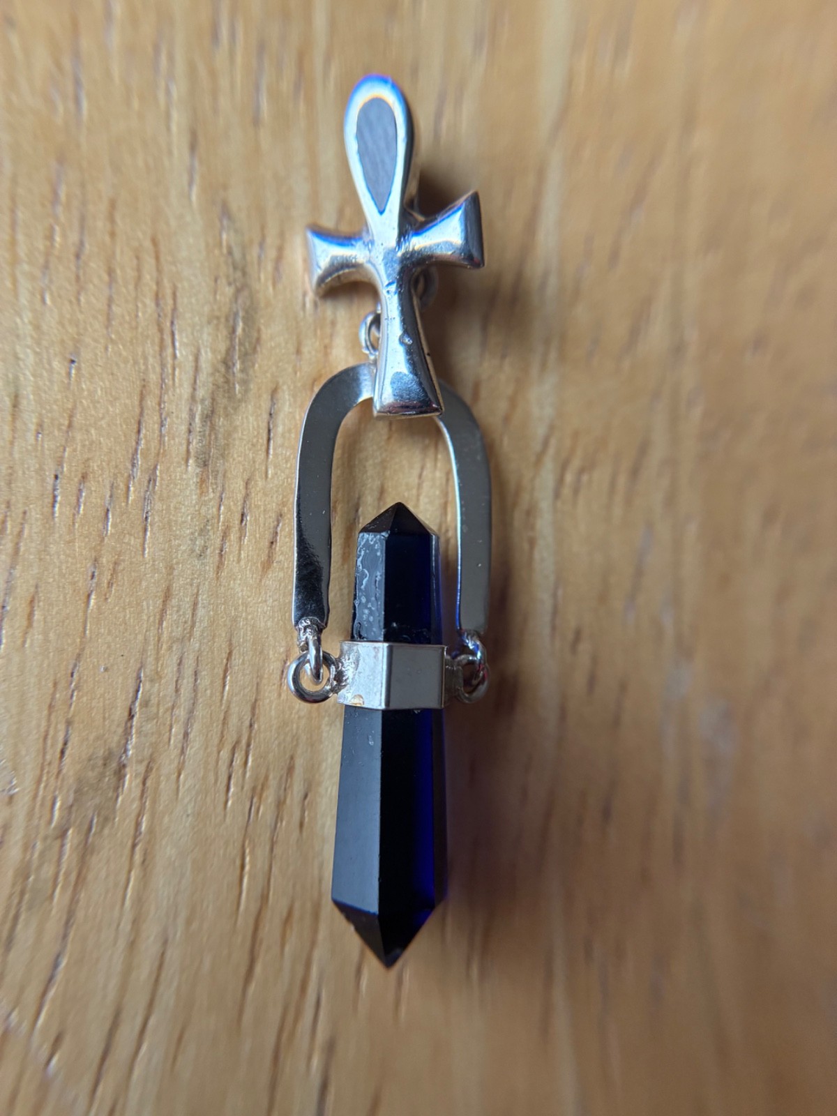 Translucent Blue Hexagon Shape Gemstone Pendant With Silver Ankh Charm