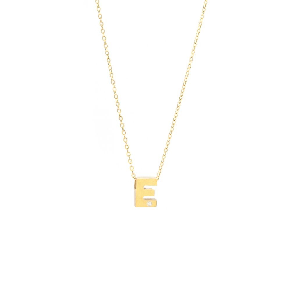 14K Yellow Gold Diamond E Initial Letter Minimalist Necklace 16″-18″