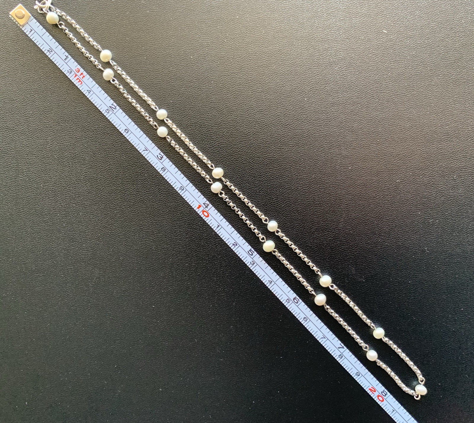 Sterling Silver Box Chain Pearl Bead Station Necklace Minimalist Dainty 16.5”