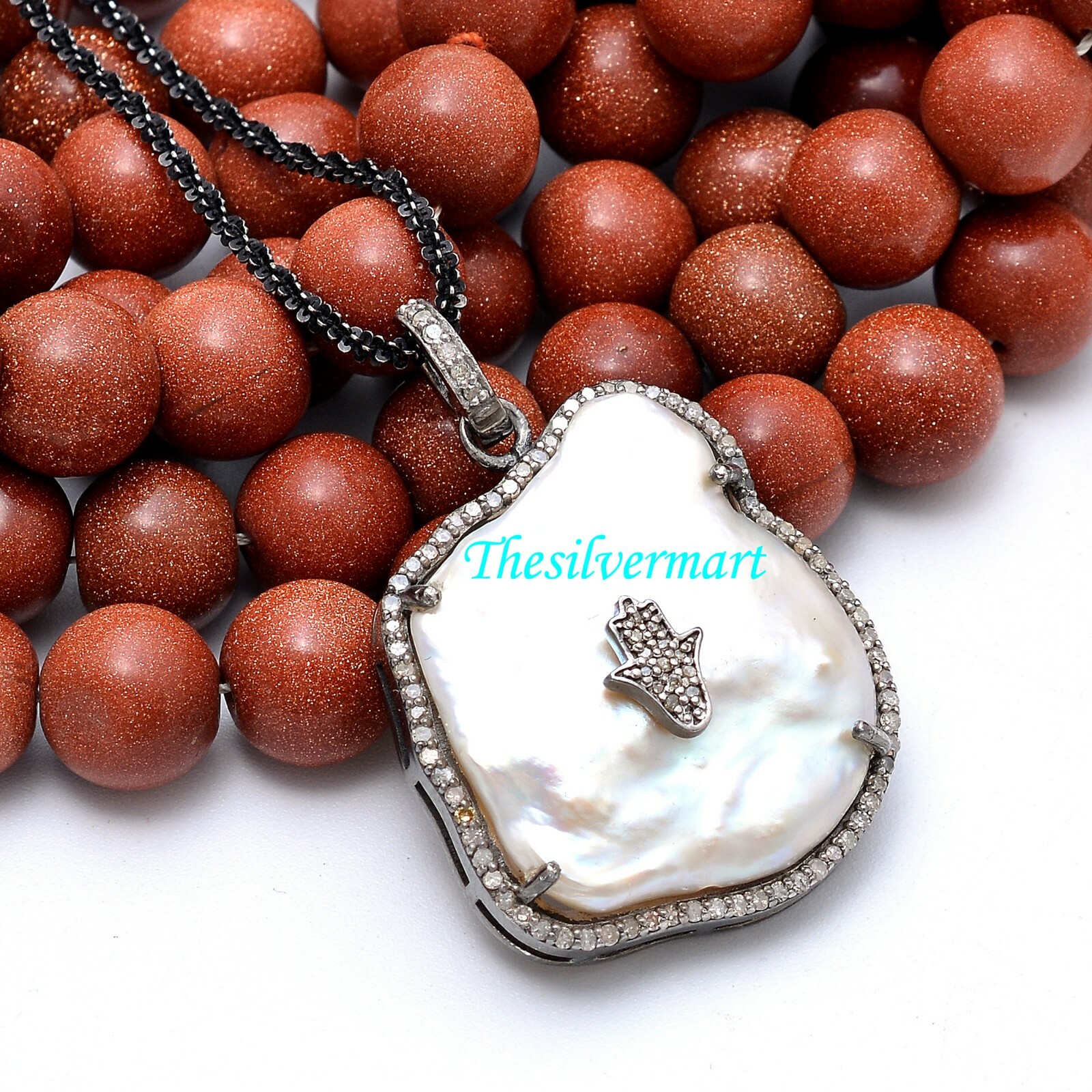 Baroque Pearl Pave Diamond Silver Pendant,Pave Diamond Pendant,Hamsa Pendant