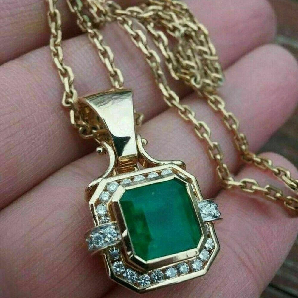 14k Yellow Gold Plated Plated 4.00Ct Colombian Lab Created Emerald Cut Pendant