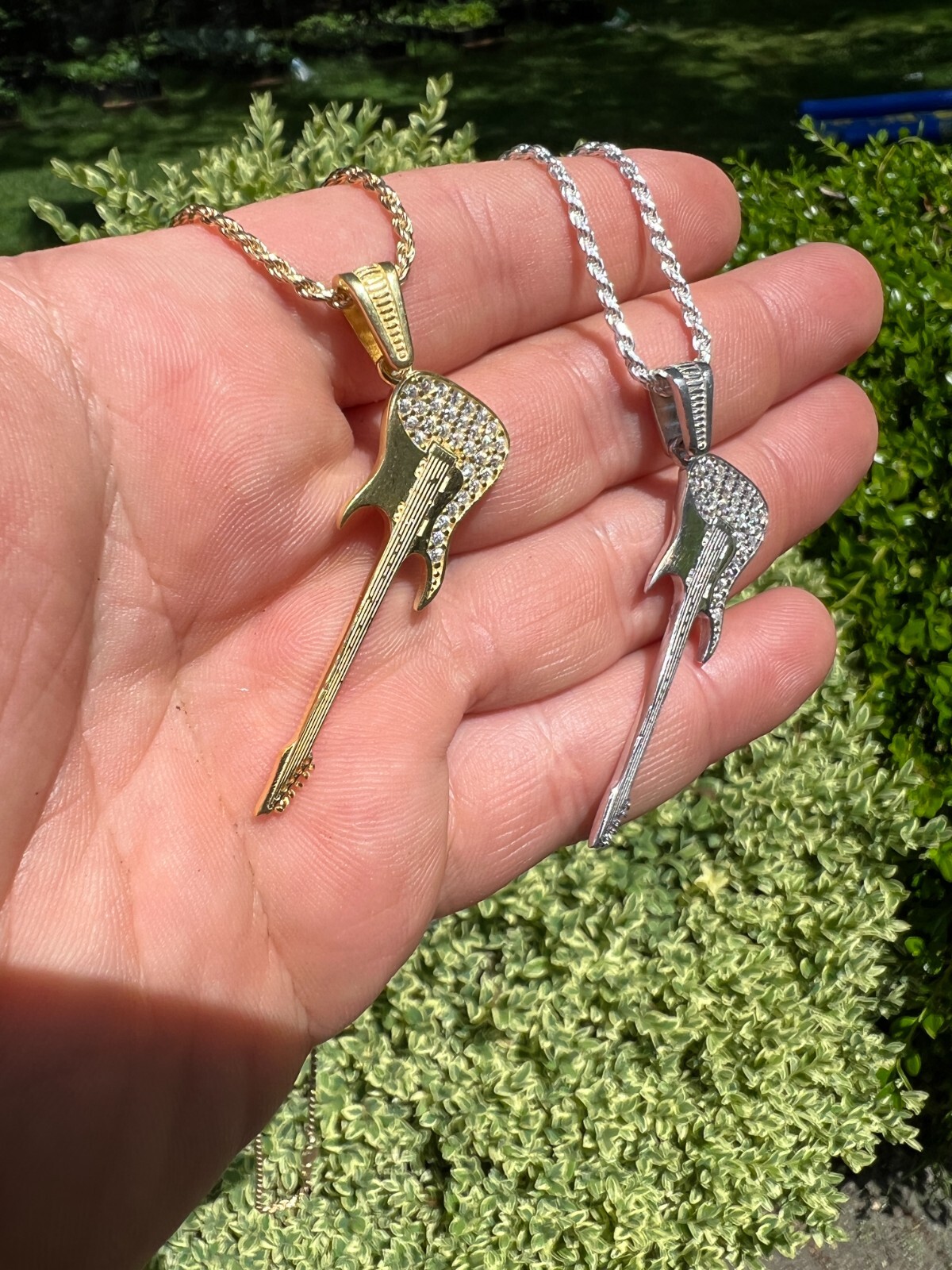 Real 925 Silver / 14k Gold Plated Electric Guitar Rockstar Pendant Necklace CZ