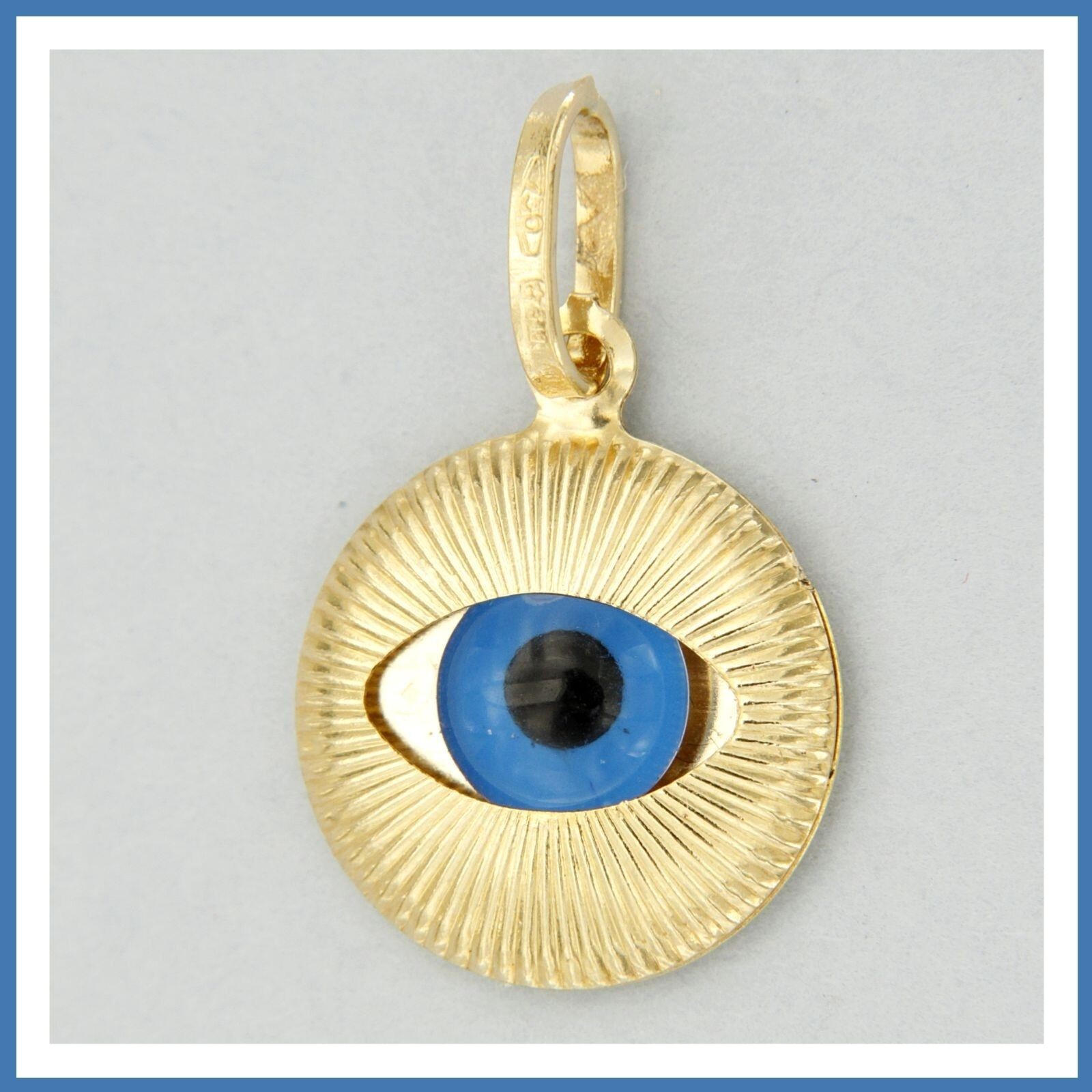 18k Real Yellow GOLD Turkish Greek All Seeing Blue Evil Eye Nazar Pendant Charm