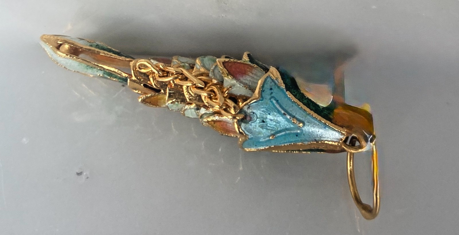 Vintage Cloisonne Enamel Fish Pendant Gold Tone Articulated Shades of Green