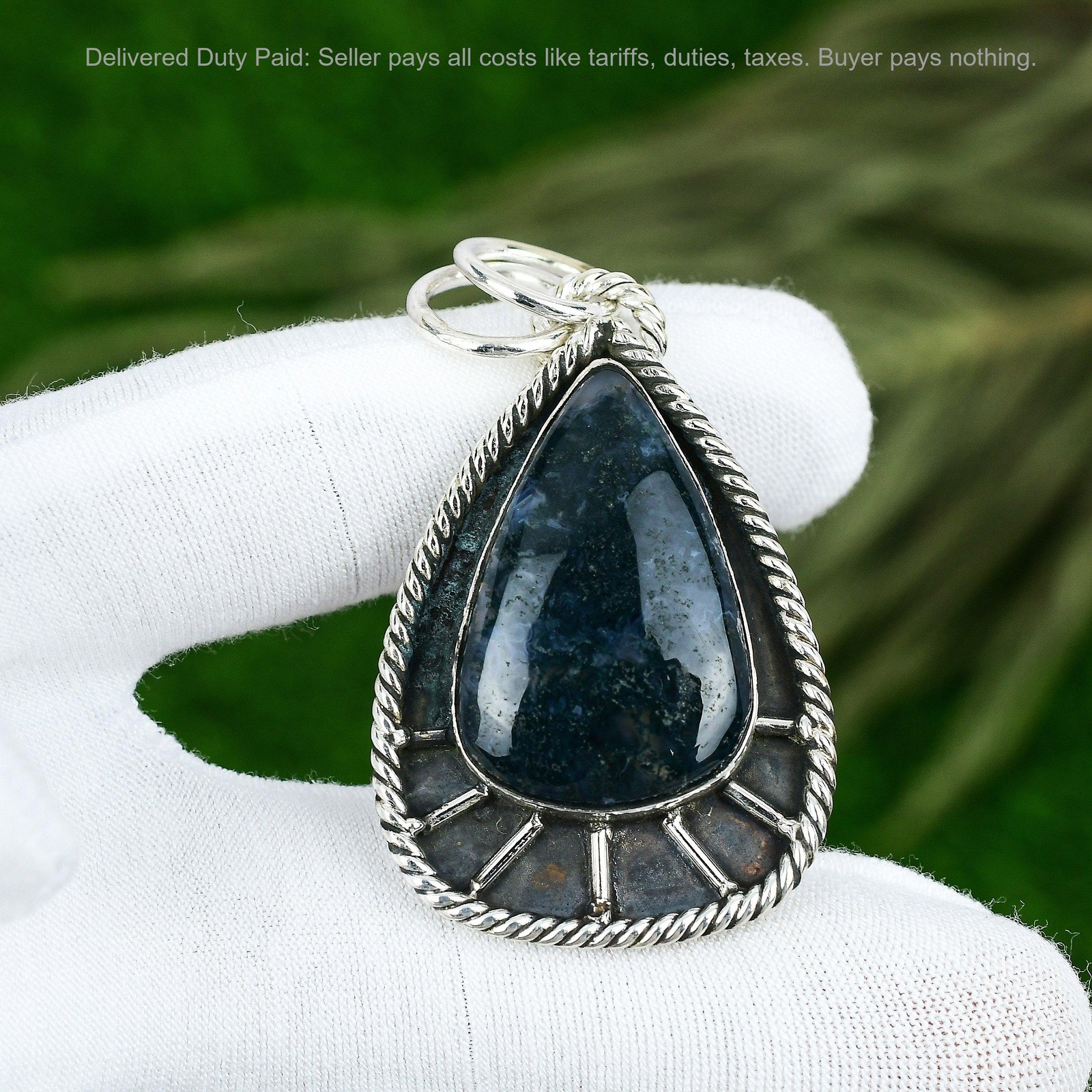 925 Silver Solar Moss Agate Stone Bezel Birthday Handmade Ethnic Pendant Jewelry