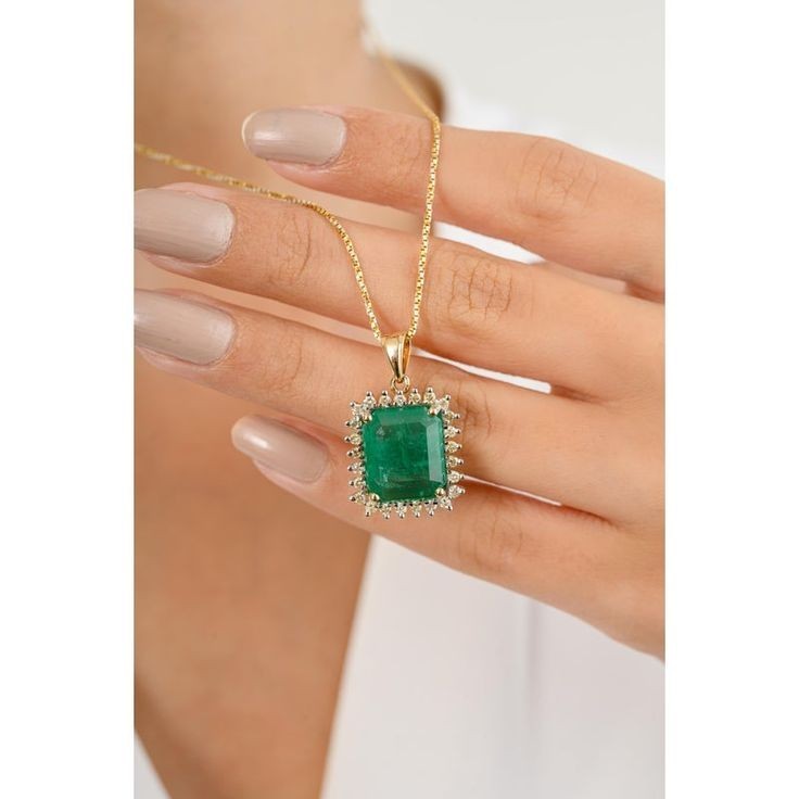Best Seller ! Emerald Natural Green Emerald & Diamond Pendant 14k Yellow Gold