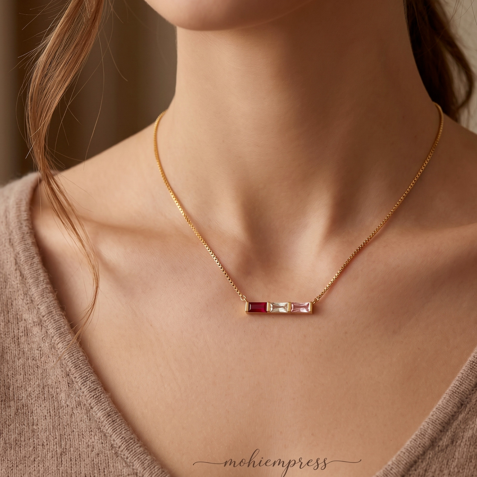 925 Sterling Silver Custom Baguette Birthstone Bar Necklace