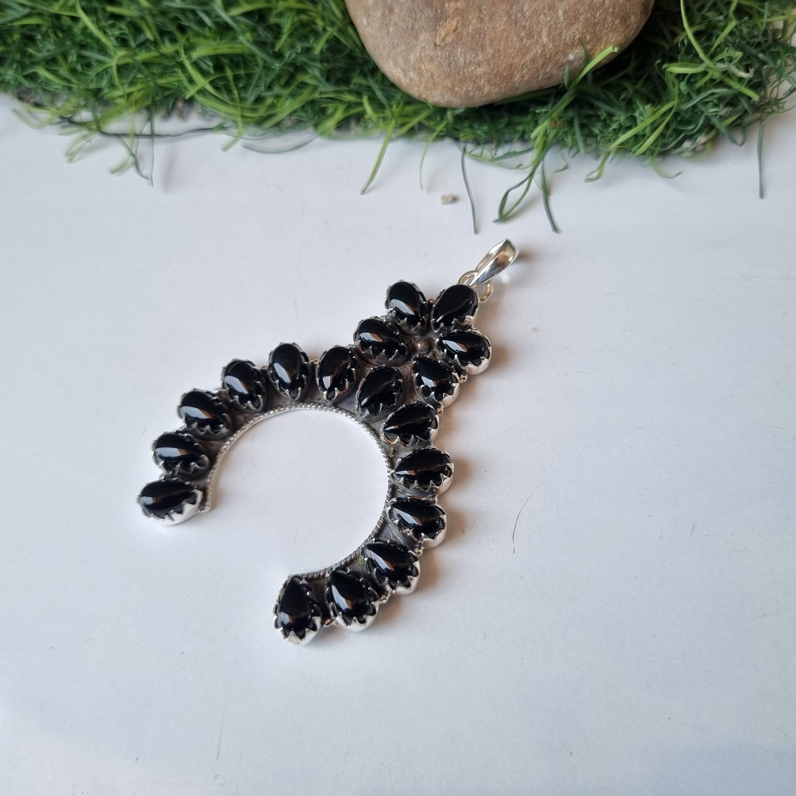 Large Black Onyx Gemstone Pendant 925 Sterling Silver Beautiful Gift her BT107