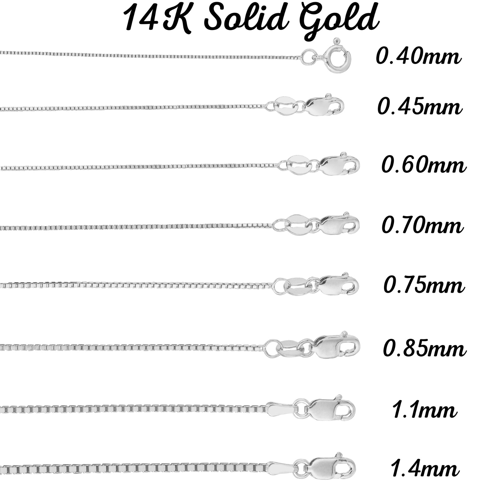 14K Solid White Gold Box Necklace Real Gold Chain All Lengths & sizes