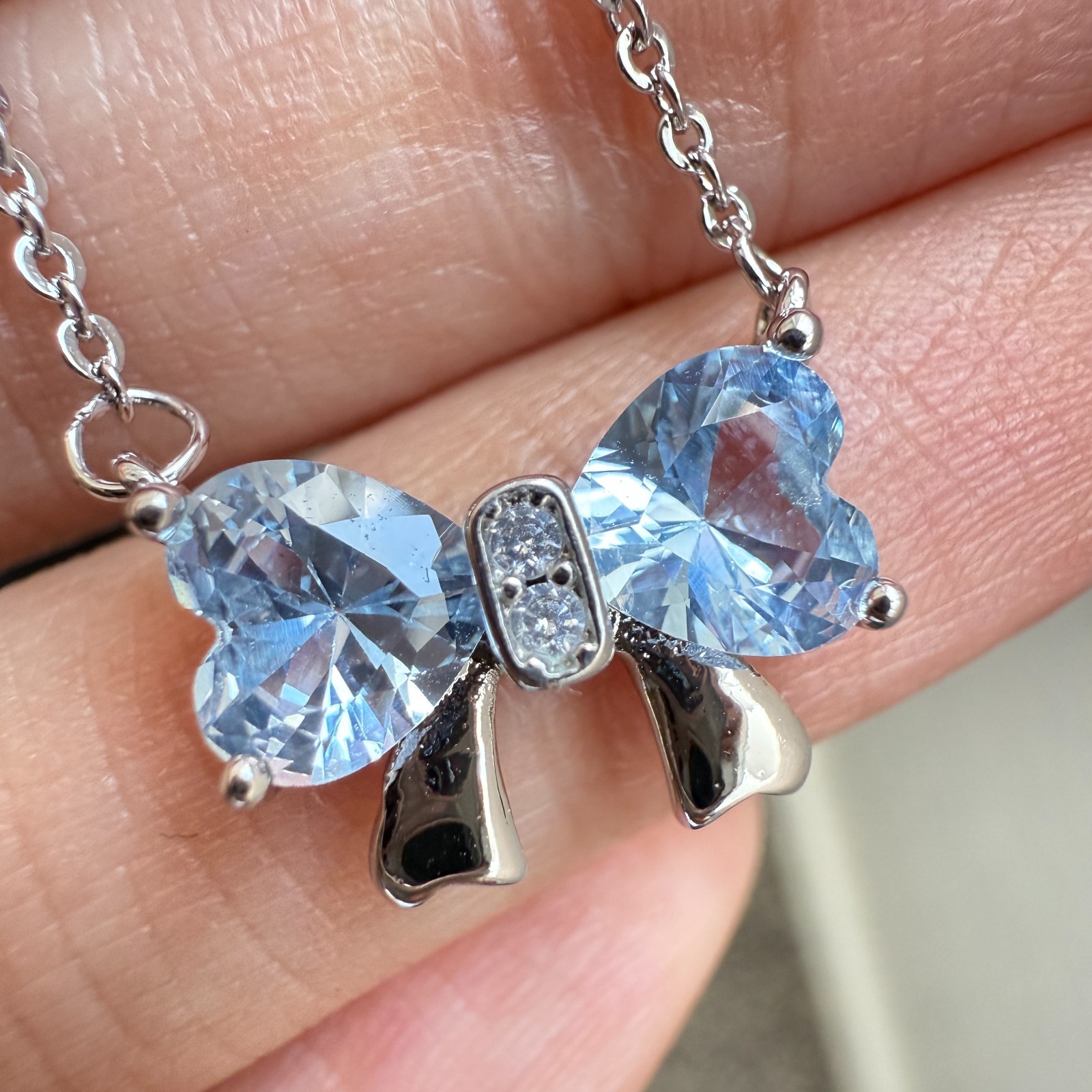 925 Sterling Silver Necklace 6mm Heart Natural Topaz Gemstone Zircon Chain Bow