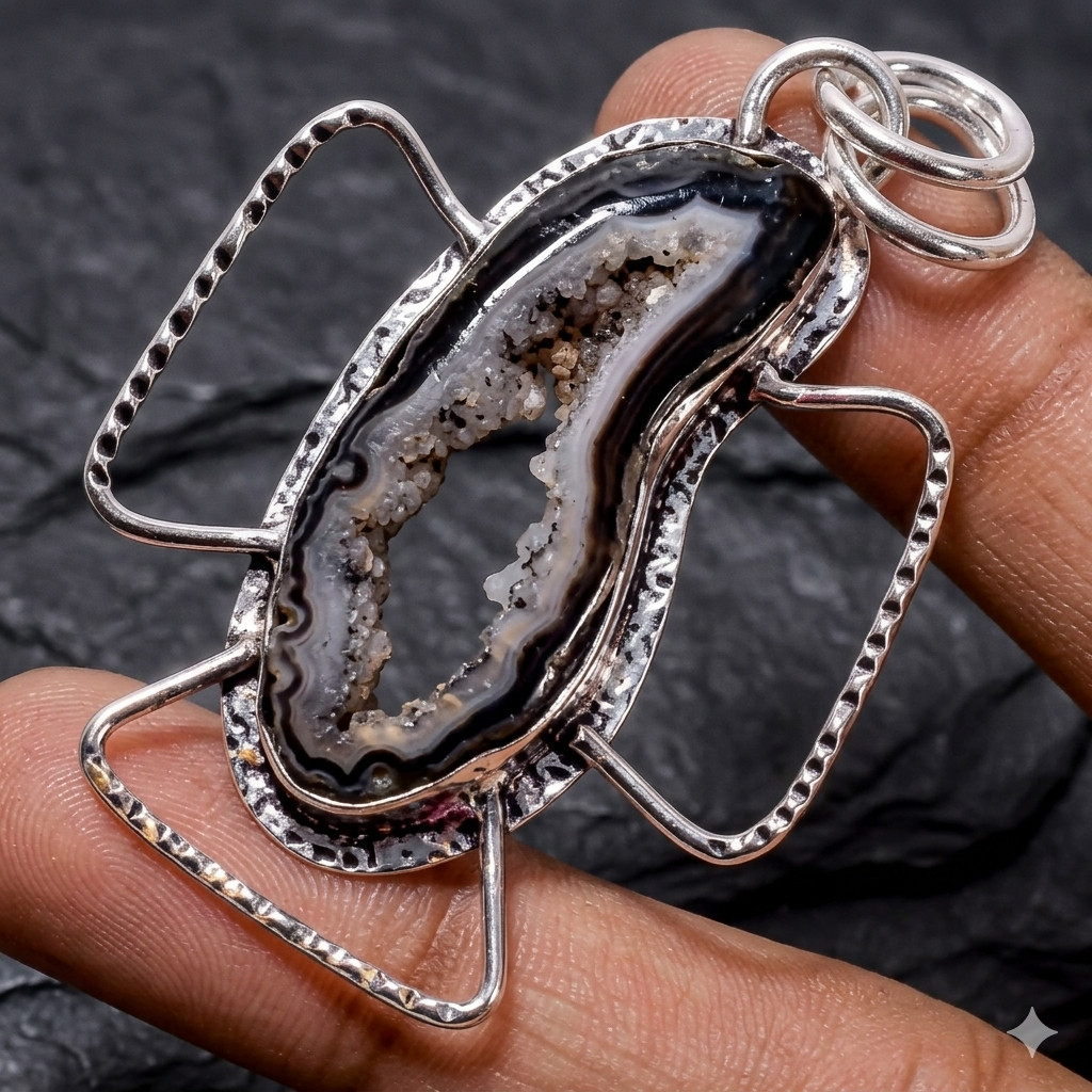 Sterling Silver Fancy Genuine Black Botswana Agate Channel Set Pendant Jewelry
