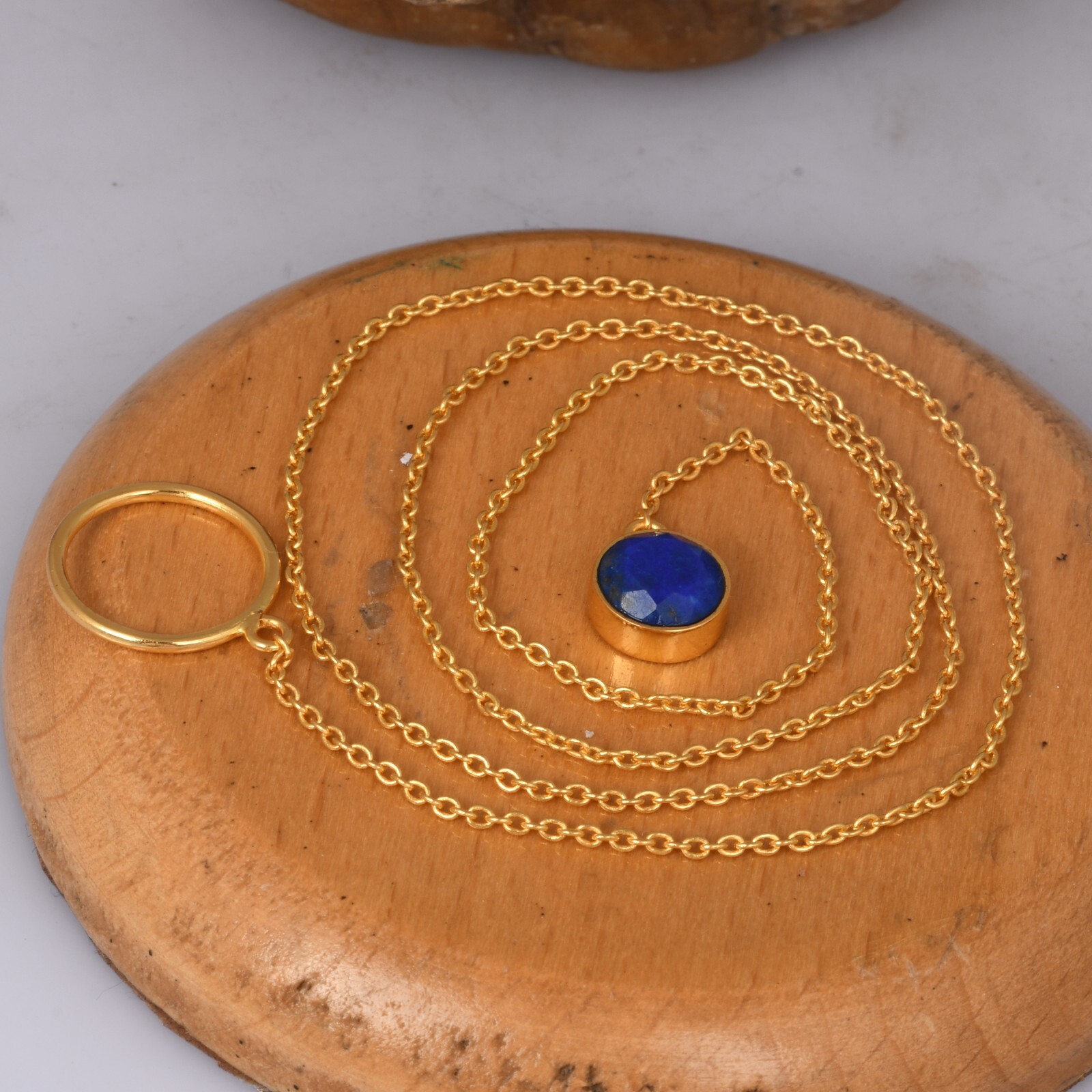 Cross Lariat Chain Pendant Round Lapis Yellow Gold Vintage Minimalist Necklace