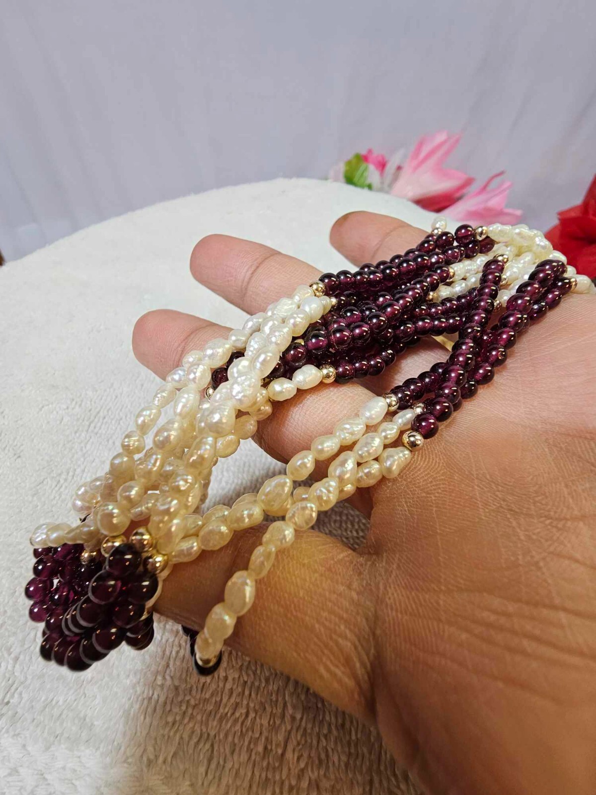 LOVELY Natural Fresh Water Pearls w/ amethyst multi strand choker necklace 15in”