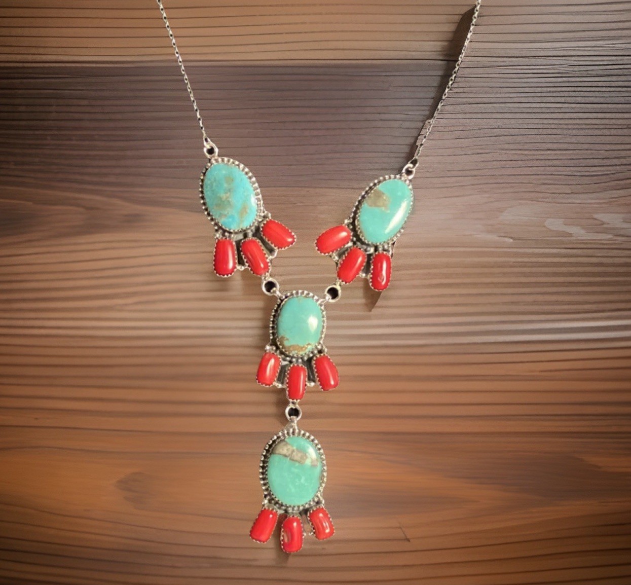 Natural Turquoise & Mediterranean Coral Bezel Set Lariat 18” Necklace 39gm Red