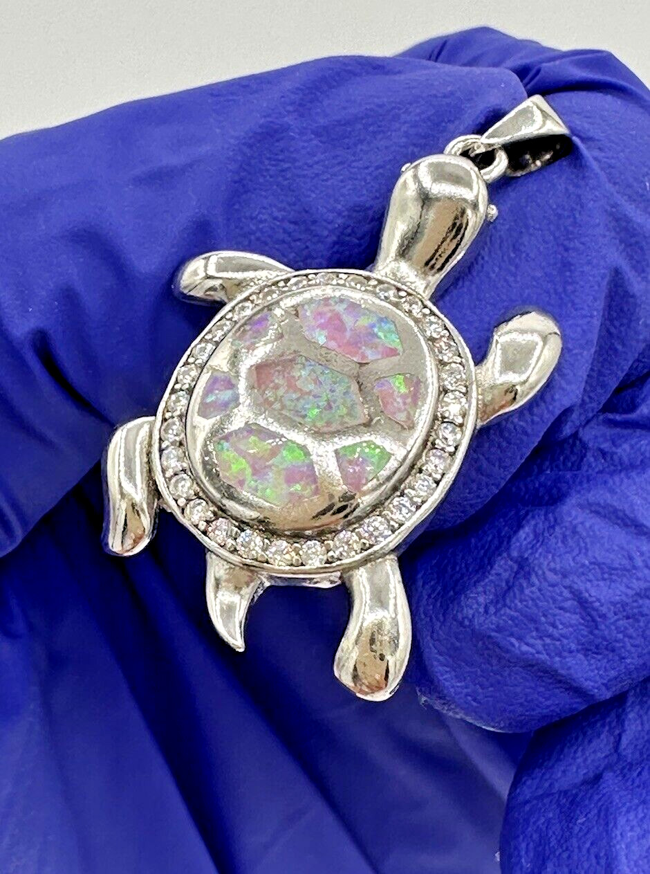 NEW Sterling Silver 925 Female Multicolor Opal Cute Sea Turtle Pendant 1.4”