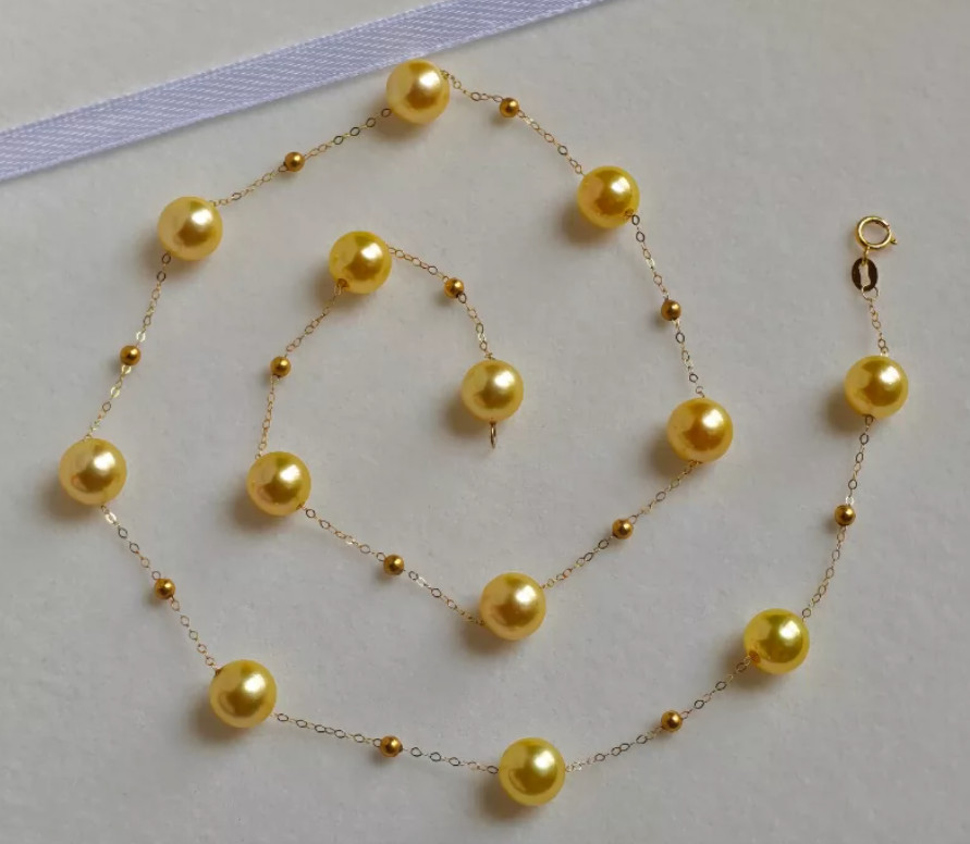 18″ nice AAA+ 5-6mm Real natural Akoya Gold round pearl necklace 14k yellow gold