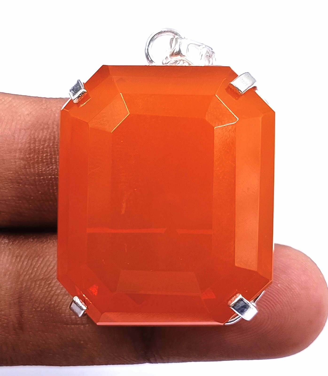 142 Ct IGL Certified Orange Opal Emerald Cut Pendant With Sliver Chain Free KKR