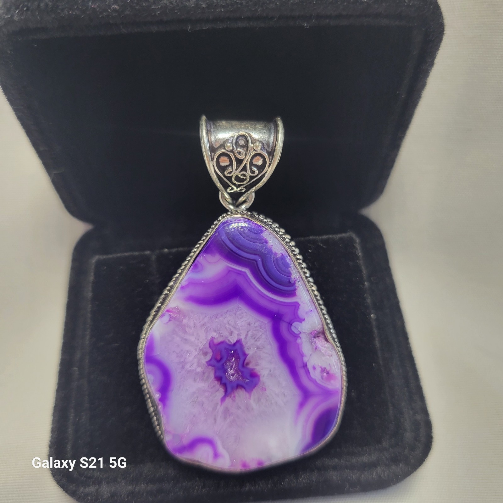 Sterling Silver 925 Purple Agate Druzy Slice Pendant Handmade Boho Jewelry