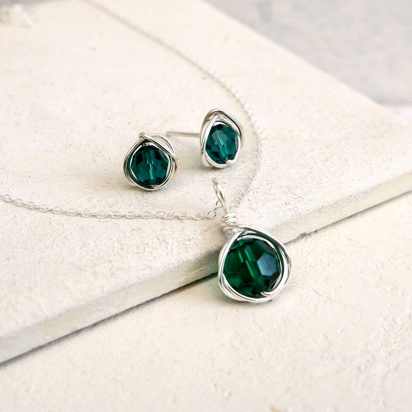 Emerald Crystal Necklace Set Sterling Silver May Birthstone Handmade Gift Box