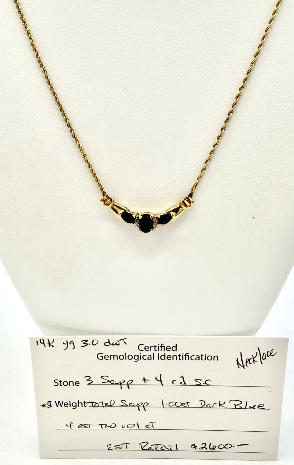 Sapphire & Diamond Necklace 14k Yellow Gold w/Card Appraisal – 17.5- 18″
