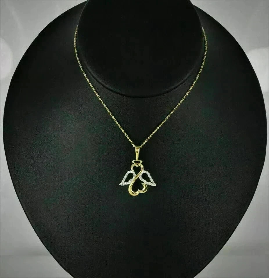 Open Hearts Moissanite Winged Angel Pendant Necklace 14k Yellow Gold Plated