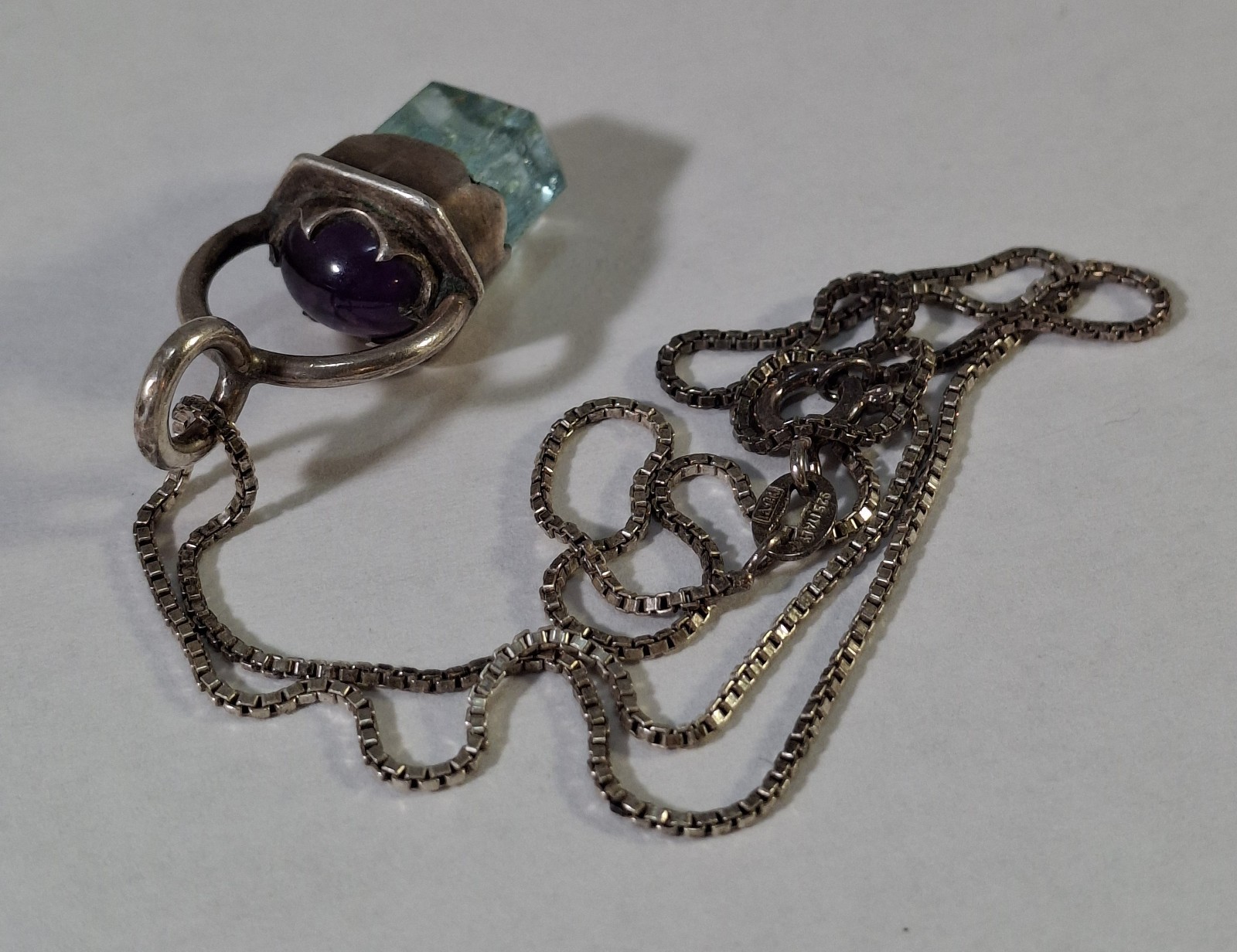 Vintage Sterling Silver Raw Aquamarine Point Amethyst Pendant Necklace 19 inch