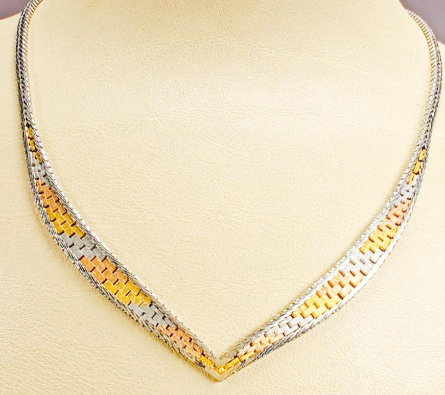925 Italy Sterling Silver Tri Color Woven V Necklace 16″ Box Clasp 11.88g