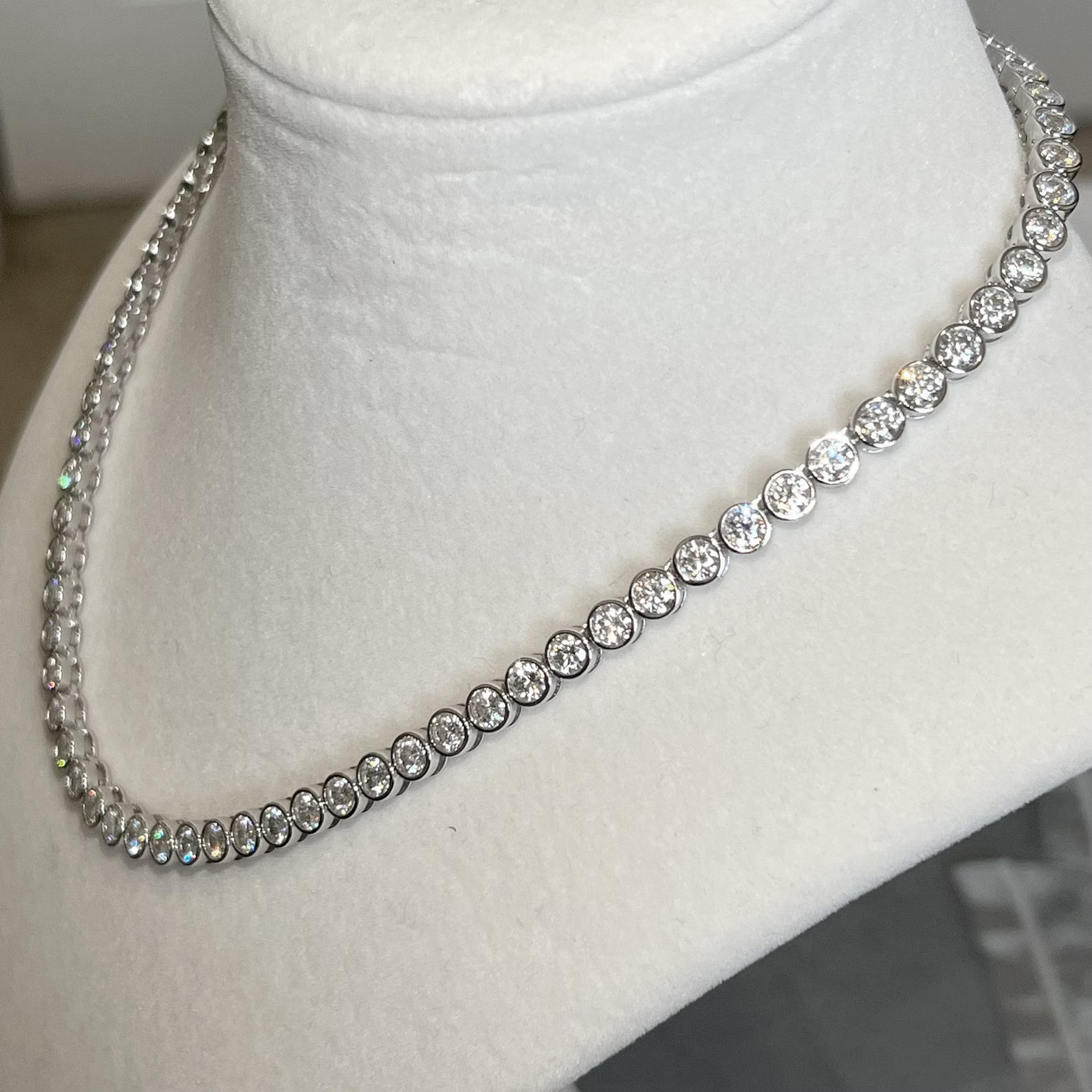 20Ct Lab Created 4MM Bezel Set Diamond Tennis Necklace 14k White Gold Plated 16″