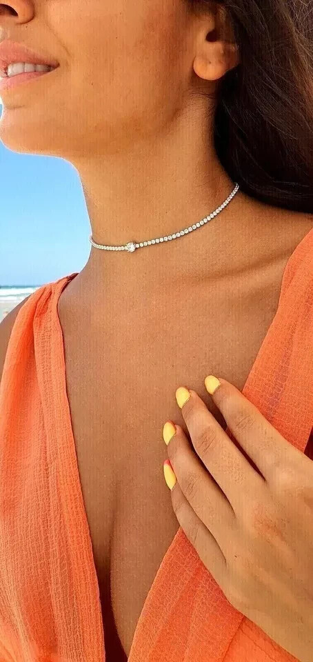 15Ct Round Cut Lab Created Diamond Tennis Choker Necklace 14K White Gold Plated