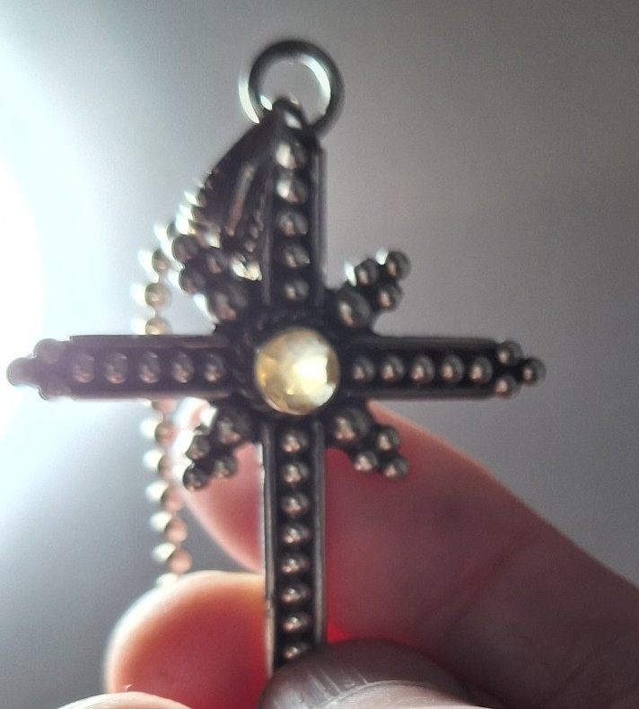 Vintage Taxco Sterling Silver Beaded Citrine Gem Cross Pendant Necklace 21 in
