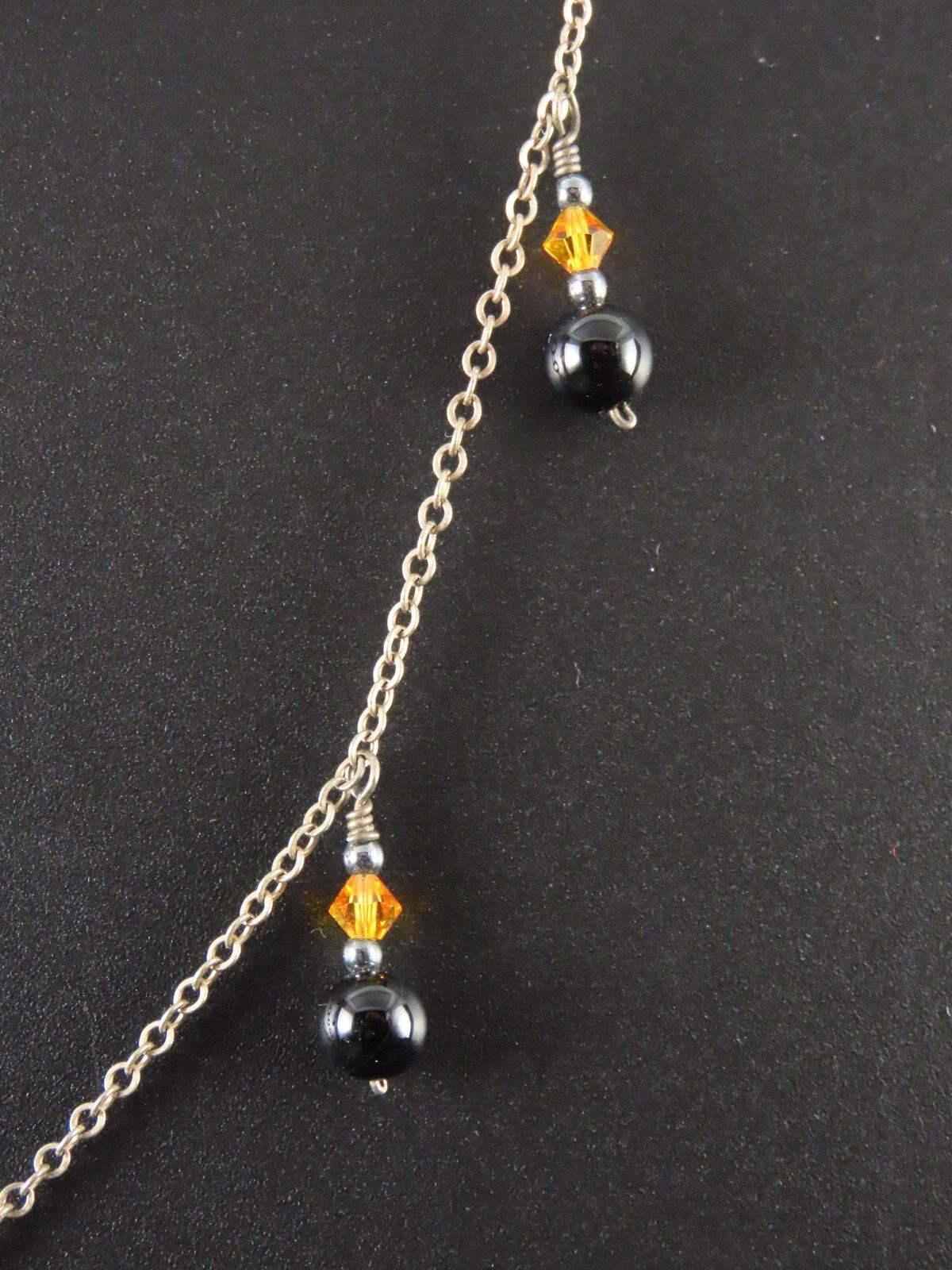 VTG STERLING SILVER Chain Necklace BEADED STATION DROPS Dangles BLACK ORANGE