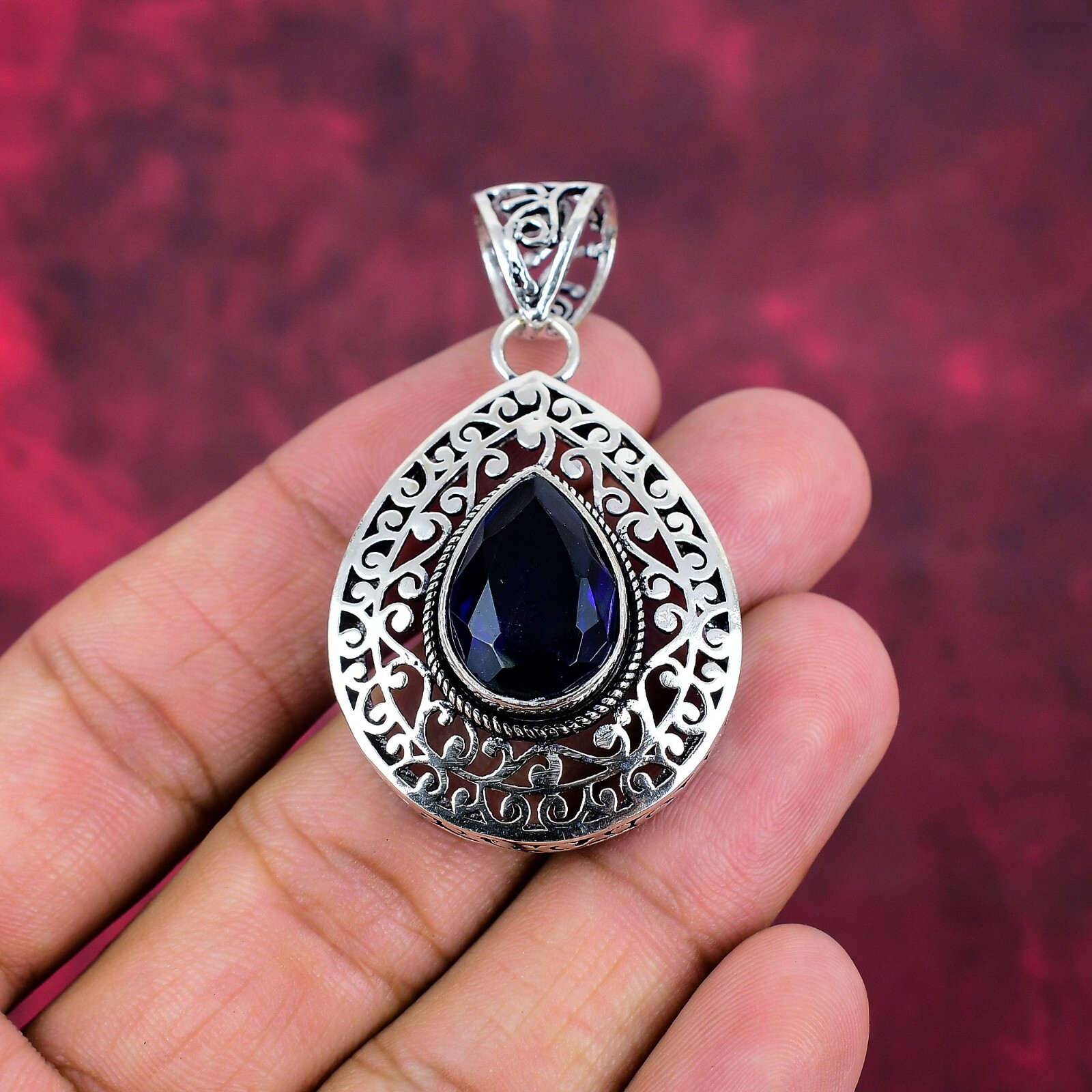 Lab-Created Blue Sapphire Gemstone Handmade 925 Sterling Silver Pendant Jewelry