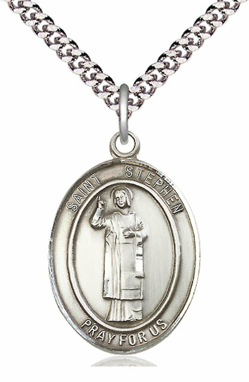 St. Steven the Martyr Medal in 1″ Sterling Silver, 24″ Rhodium Plate Clasp Chain
