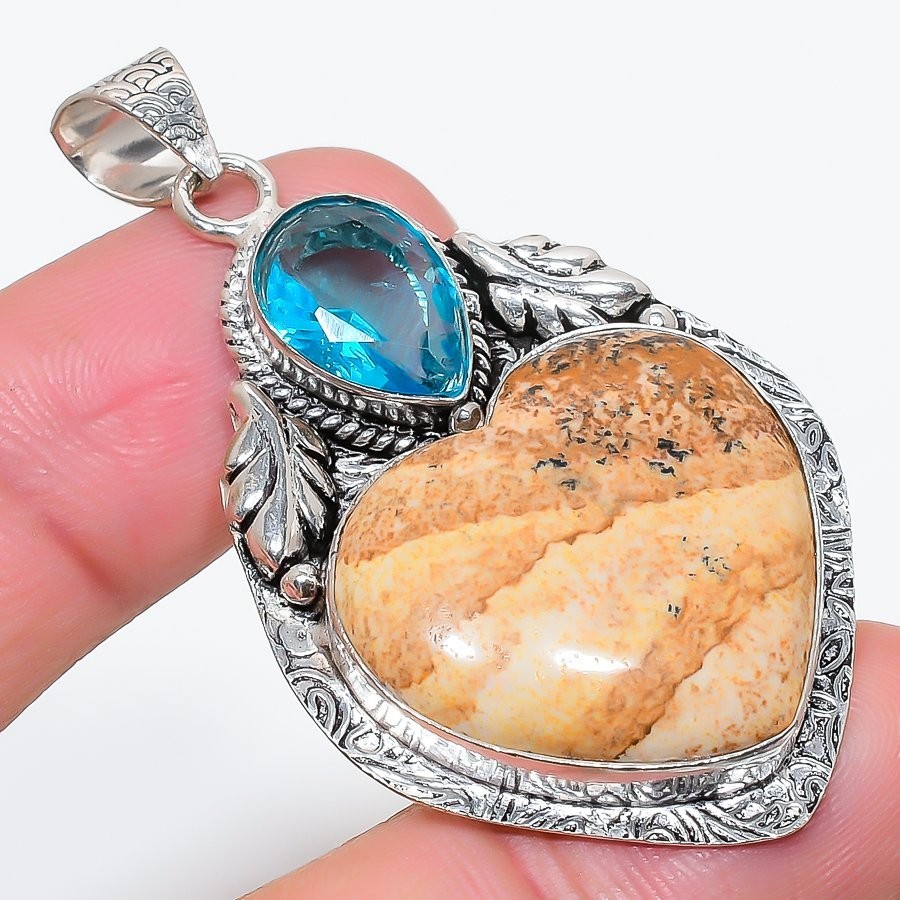Picture Jasper Gemstone Handmade 925 Sterling Silver Jewelry Pendant Size 2.35″