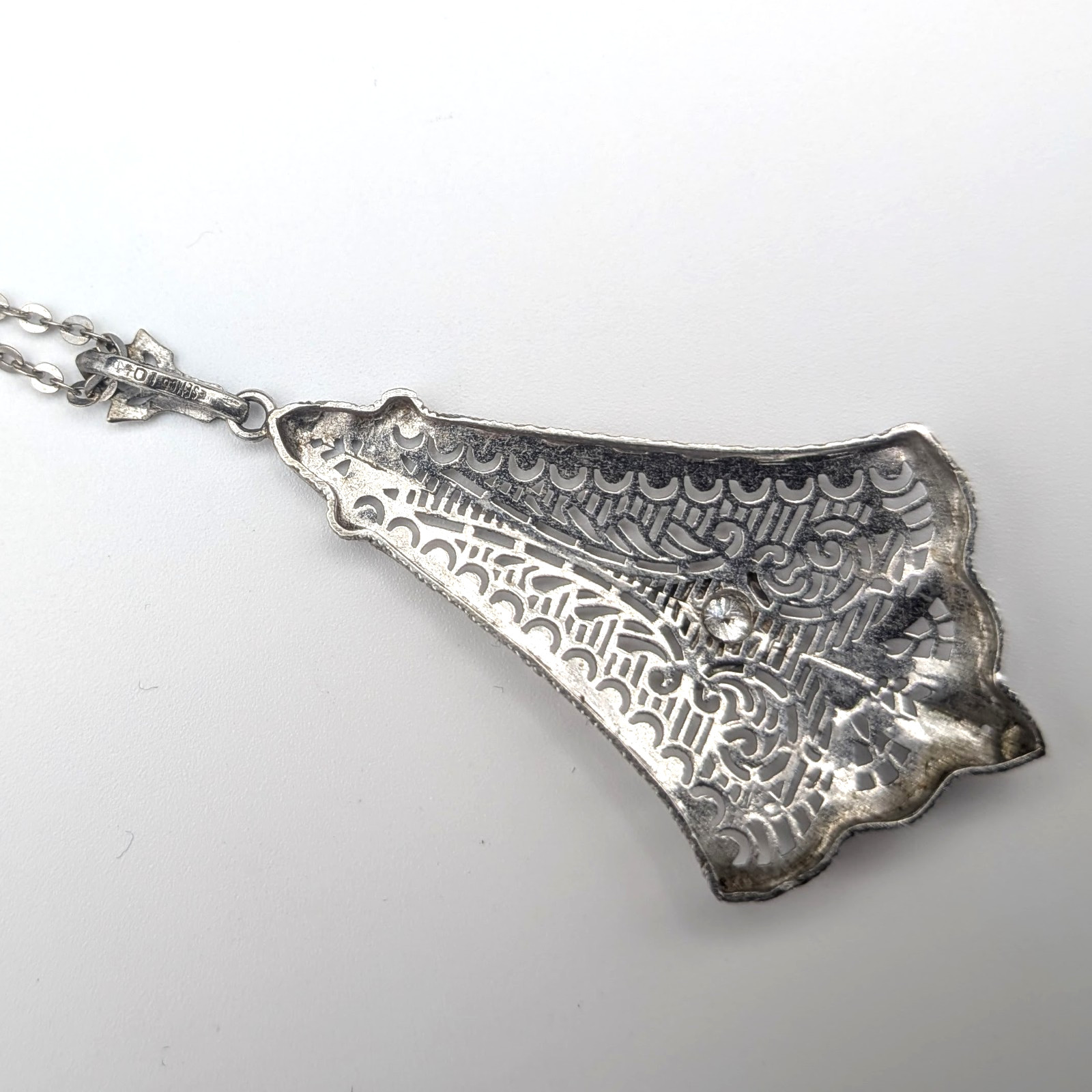 Antique 10k White Gold Filigree Pendant W/ Diamond On 14k White Gold Chain