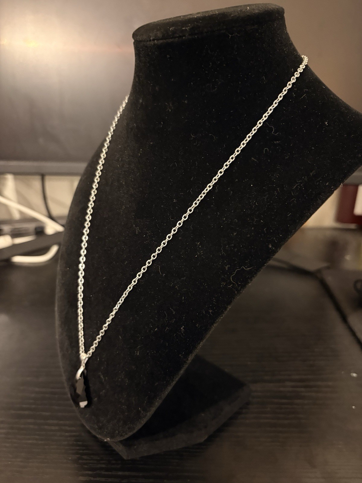 18k White Gold Plated Black Obsidian Pendant on Cable Chain 18”