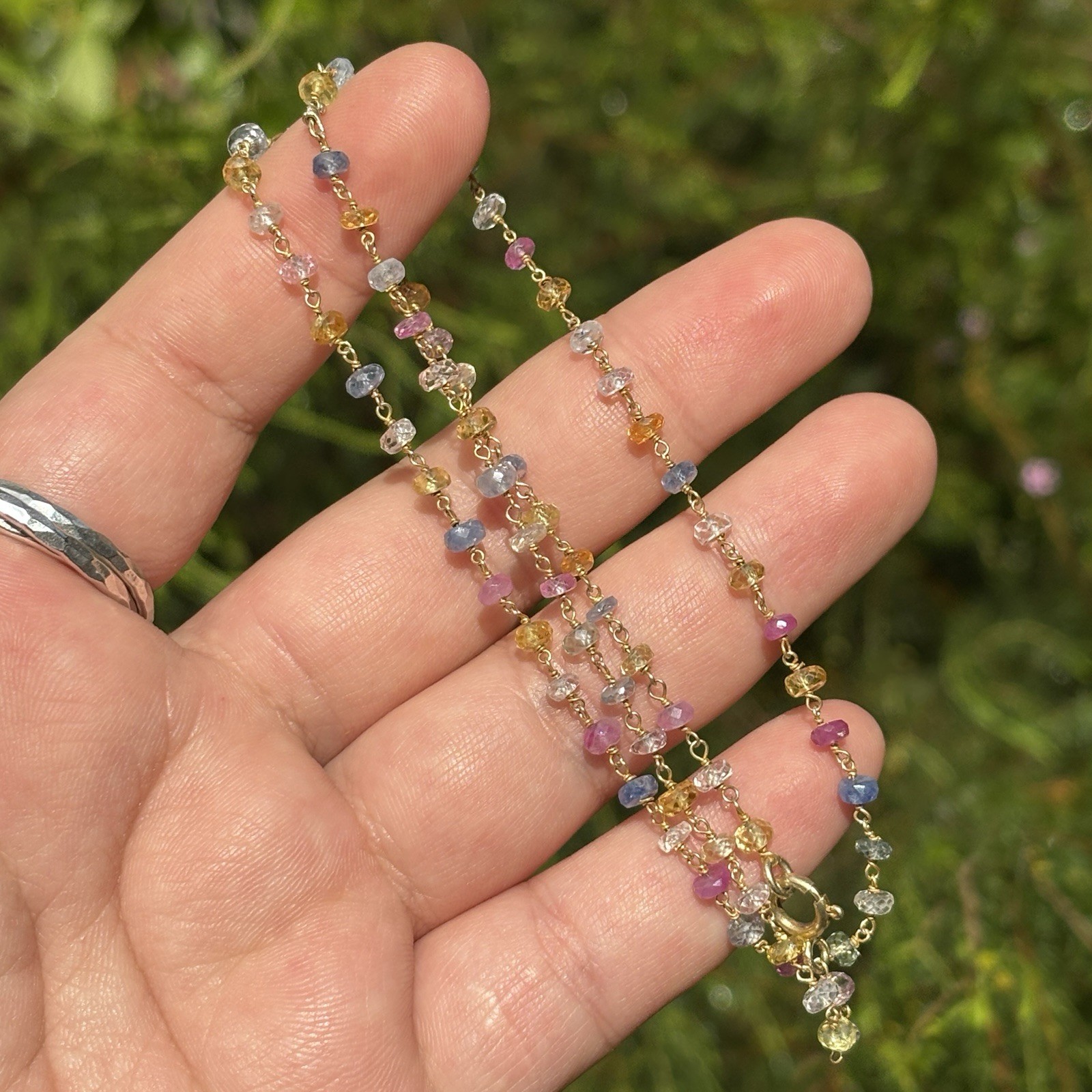 925 Sterling Silver Multi Color Gemstone Single Strand Necklace Gold-tone 18″