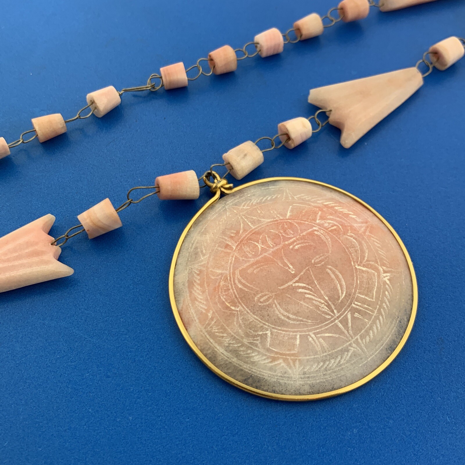 Retro Artisan Two Toned Carved Rose Quartz Beads Medallion Statement Necklace