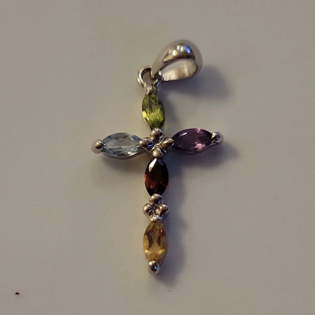 Sterling Silver Multicolor Assorted Gemstone Cross Pendant Marked 925