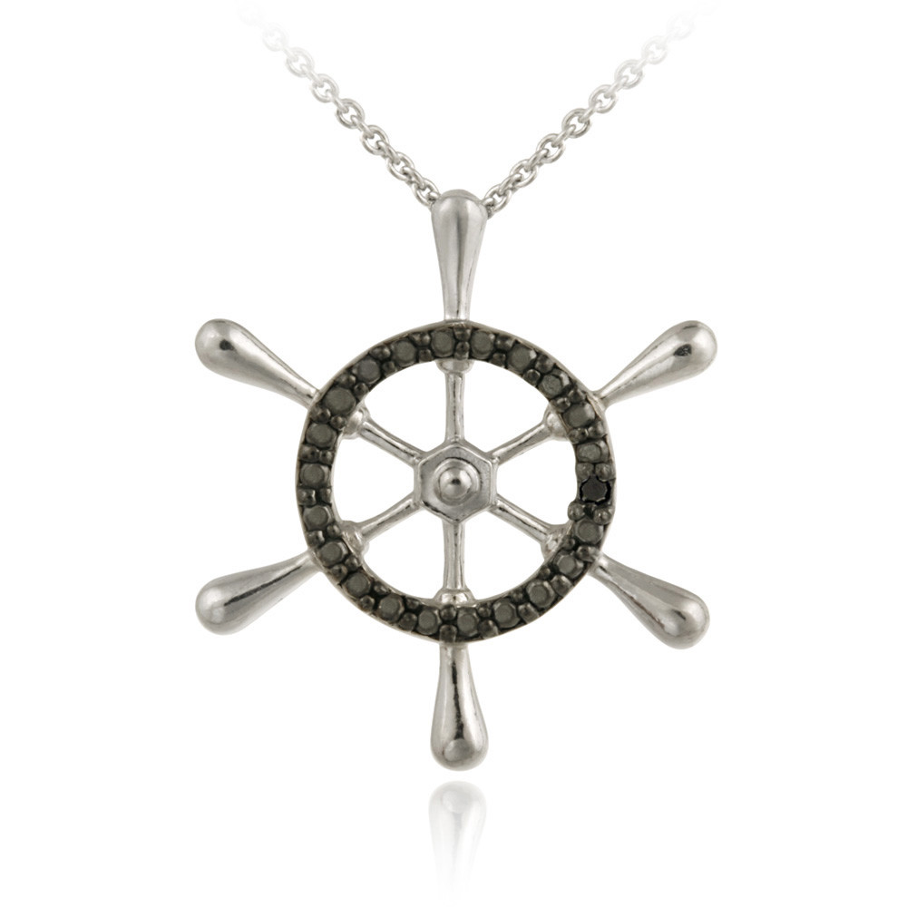 .925 Silver Black Diamond Accent Anchor Pendant 18″