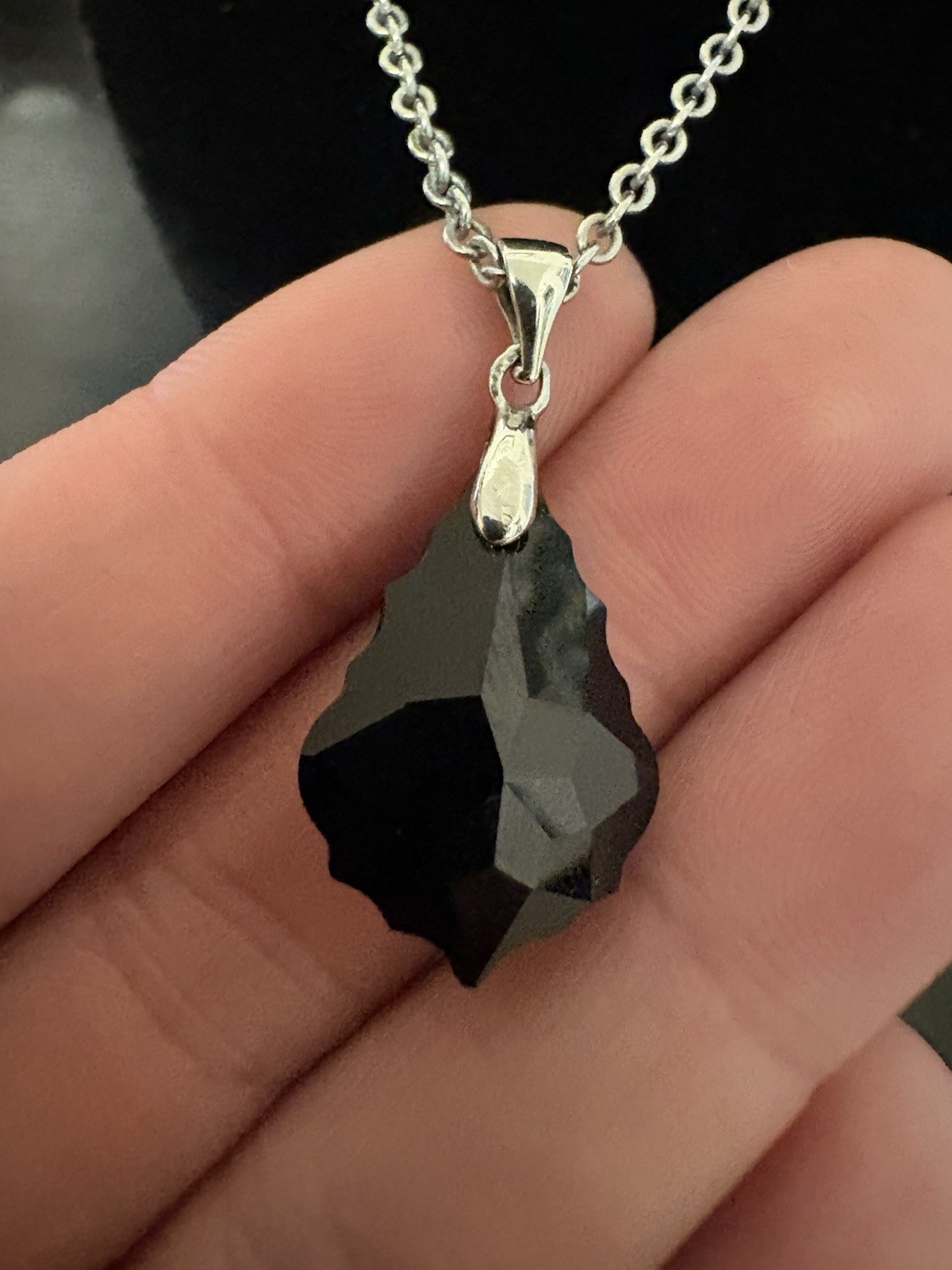 18k White Gold Plated Black Obsidian Pendant on Cable Chain 18”