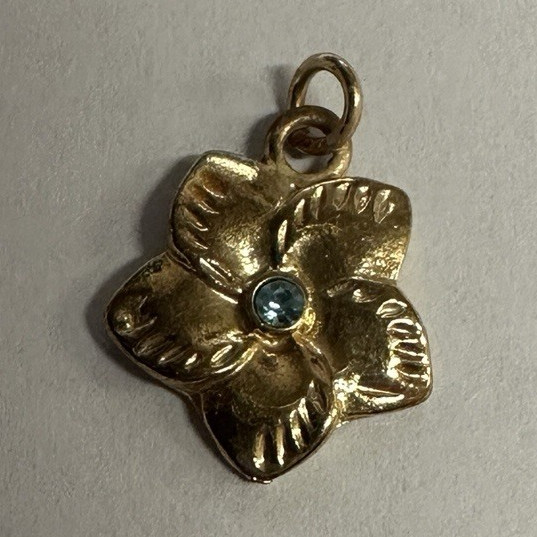 Gold Tone Flower Charm Pendant Blue Round Stone Yellow Flowers & Plants Theme