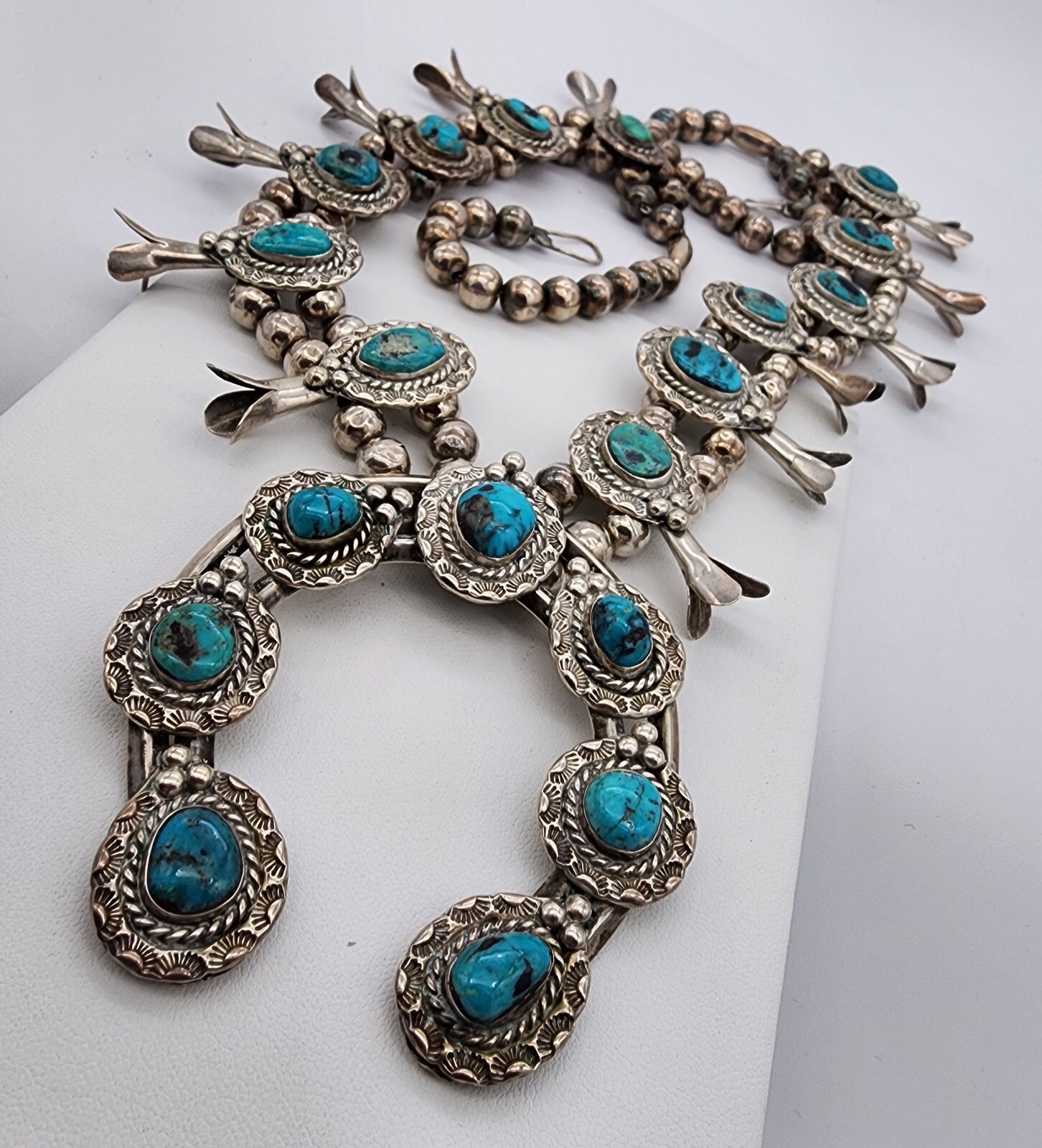 Sterling Silver 925 Navajo Calvin Desson Sleeping Beauty Squash Blossom Ag 24249