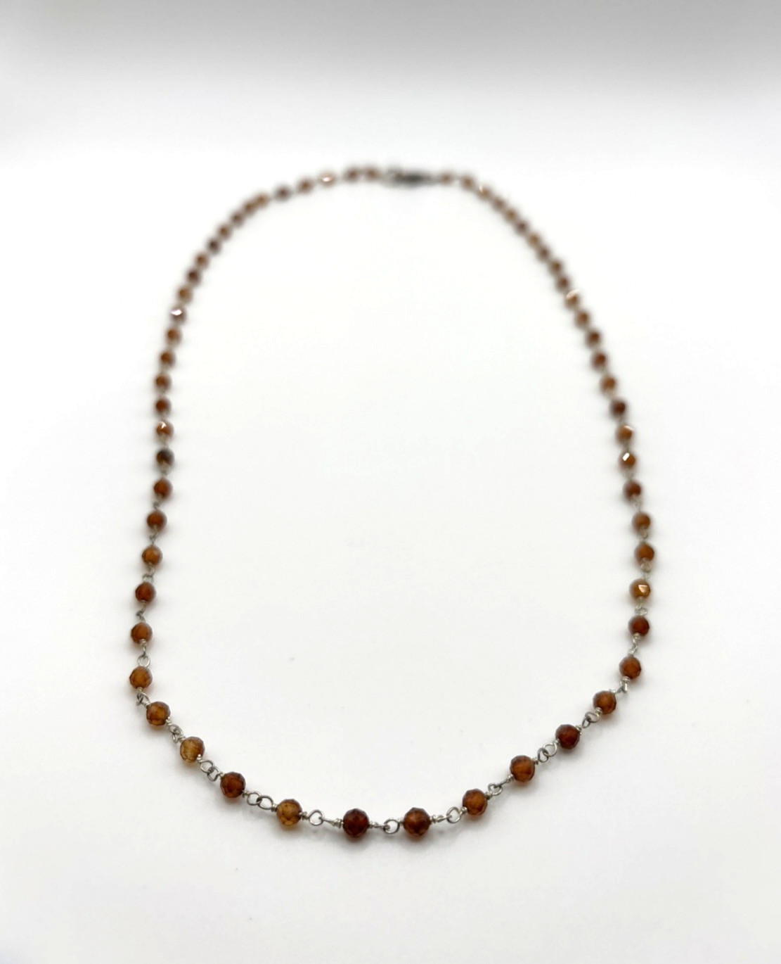 Hessonite Garnet Bezel Link Necklace 20” 925 Sterling Silver India Brown Gem