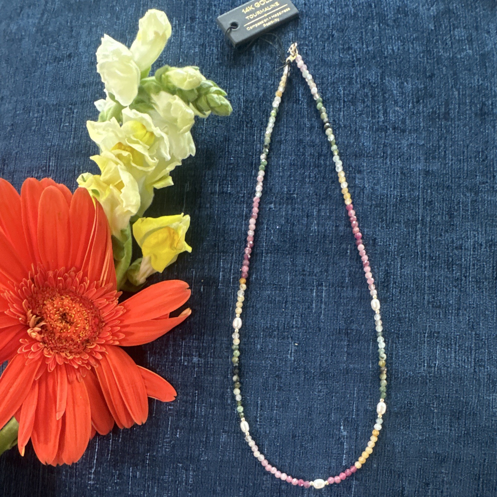 14K Yellow Gold Multicolor Tourmaline Beaded Necklace 15 in Lobster Clasp