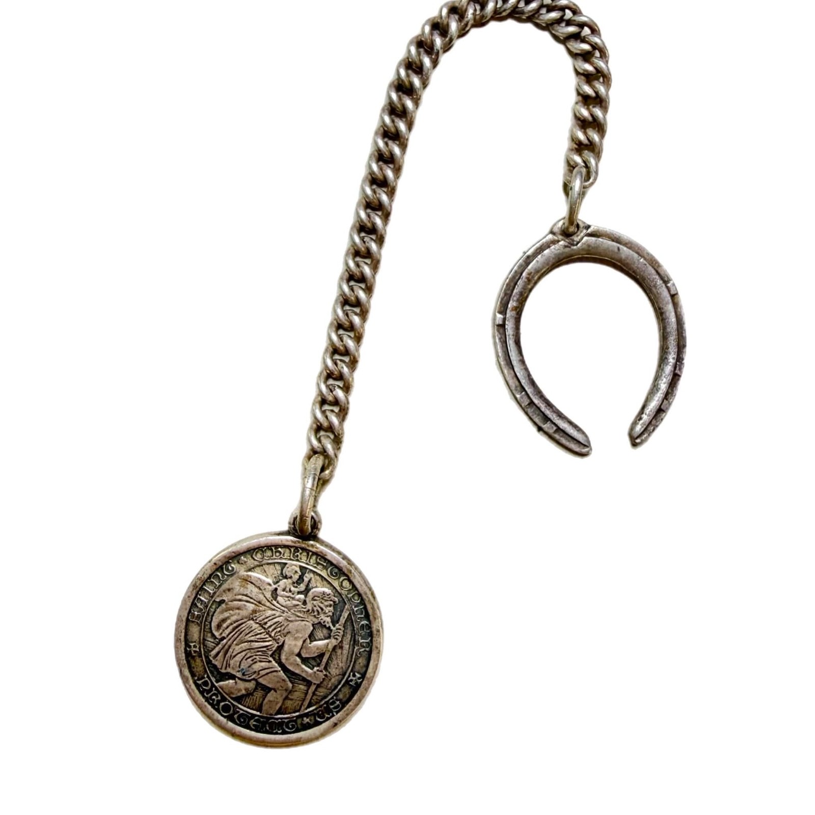 Antique Saint Christopher Medal, Lucky Horseshoe, Sterling Silver Charm