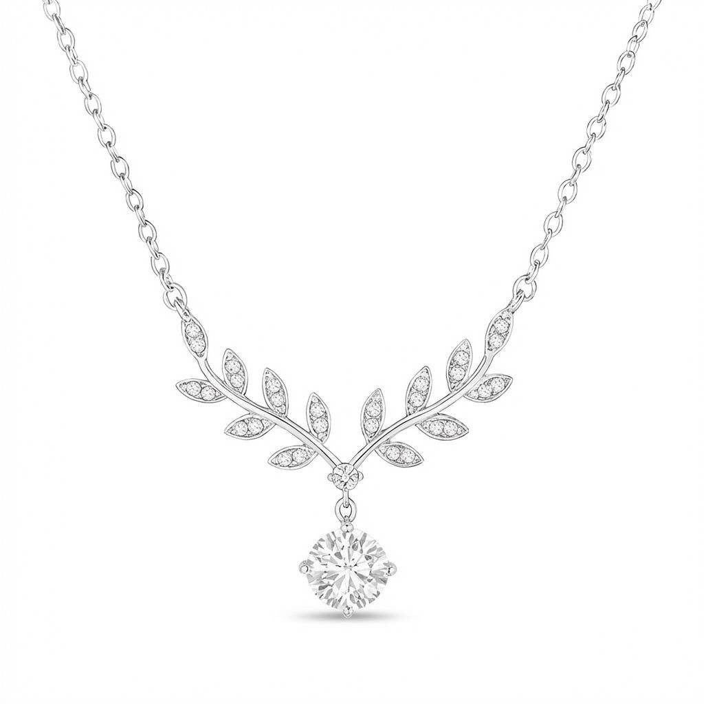 925 Sterling Silver 14K White Gold Plated Bridal Leaf Vine Solitaire Necklace