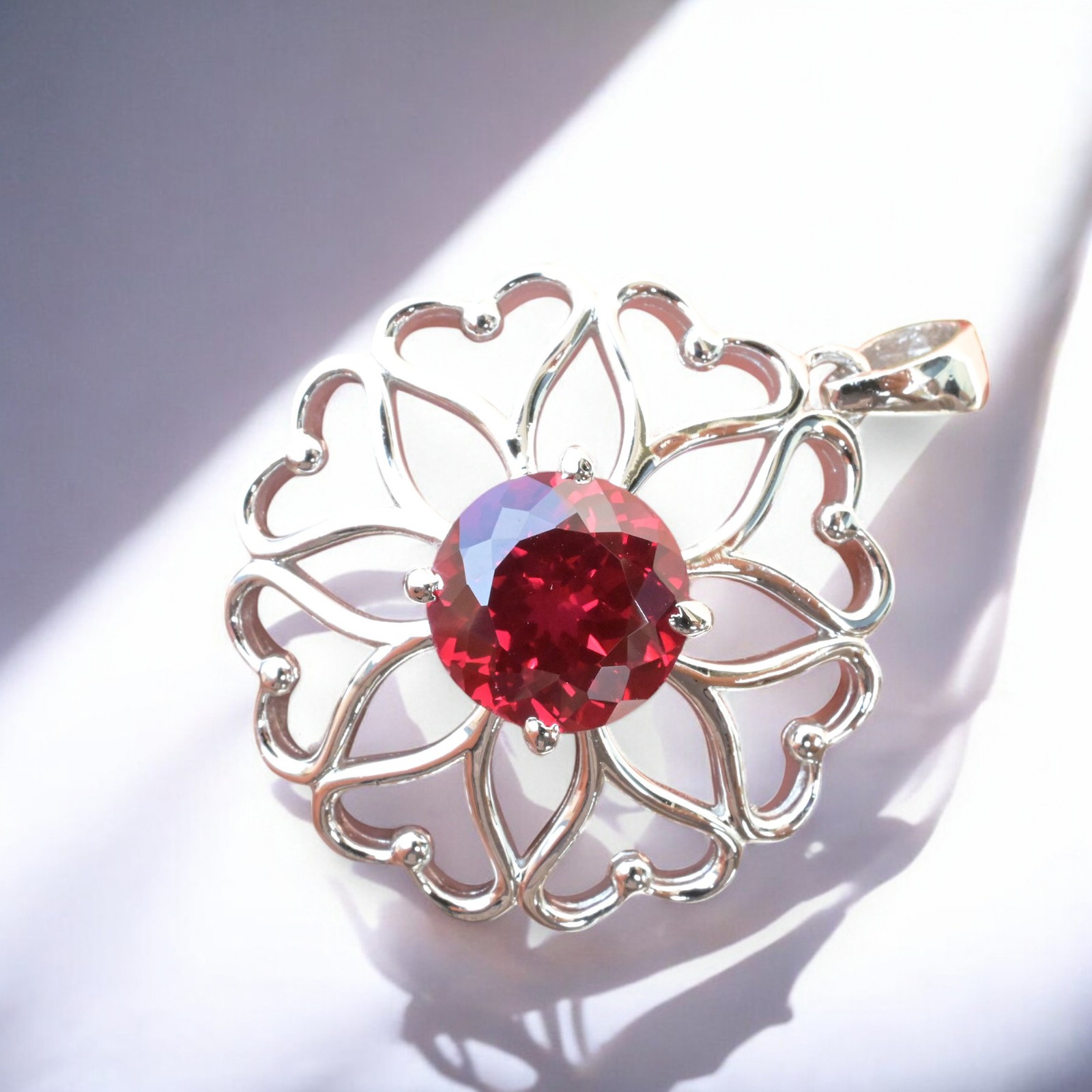 Certified Red Ruby 32 Ct Flower Shape Pendant Necklace 925 Sterling Silver MG002