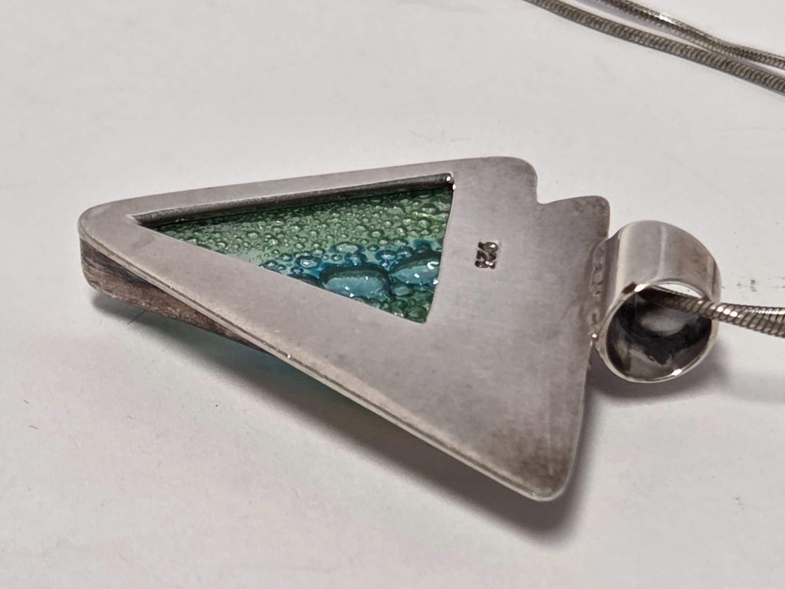 Dichroic Glass Sterling Silver Triangle Pendant Necklace 18″ Green Blue Bubbles