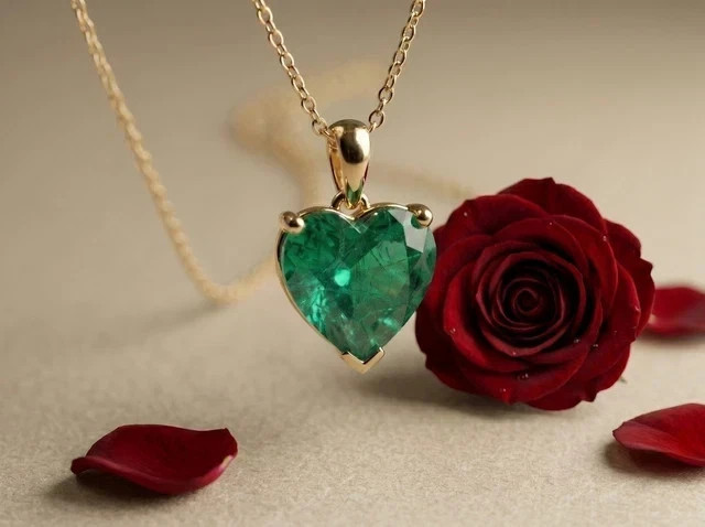 Natural Green Emerald 3Ct Heart Cut Women’s Pendant 14K Yellow Gold Plated Chain
